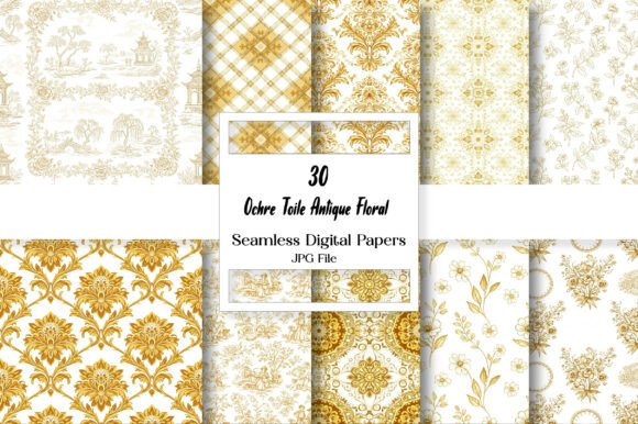 Ochre Toile Antique Floral Digital Paper